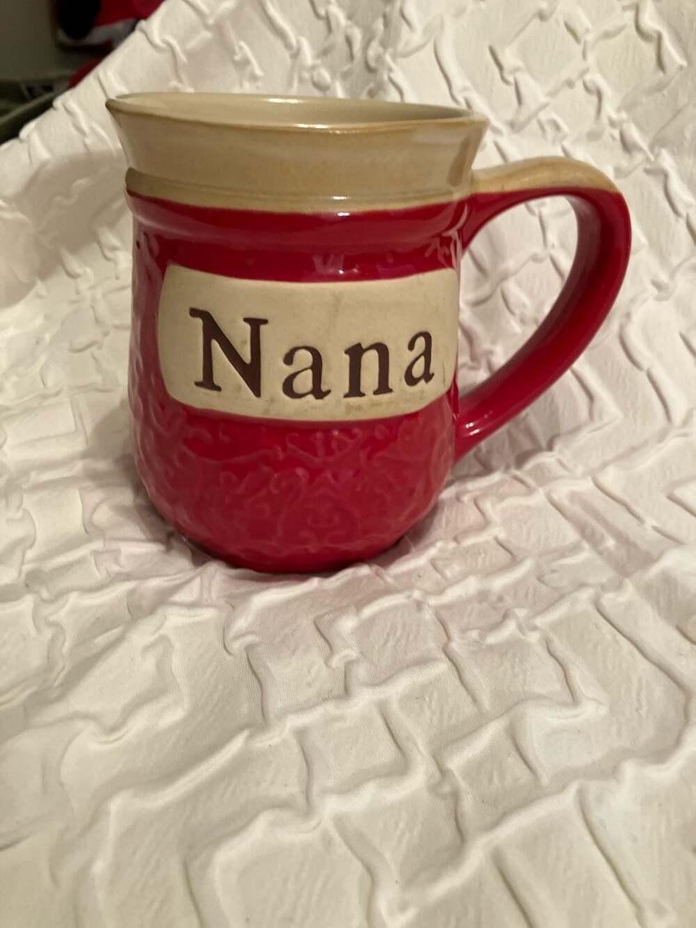 Cracker Barrel Nana Red Scroll Textured Stoneware Coffee Mug